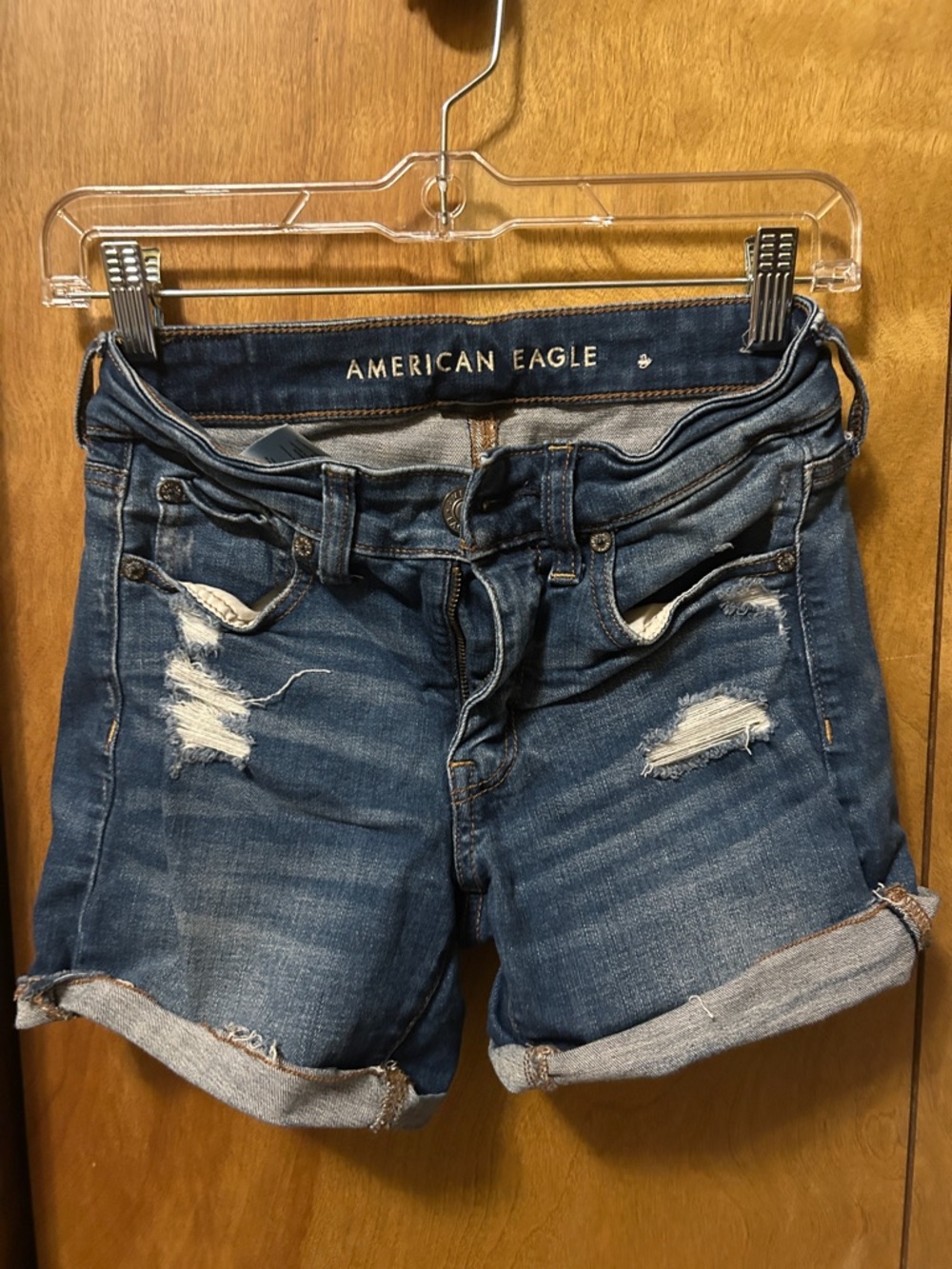 American Eagle Outfitters Dark Blue Distressed Rolled-Hem Jean Shorts